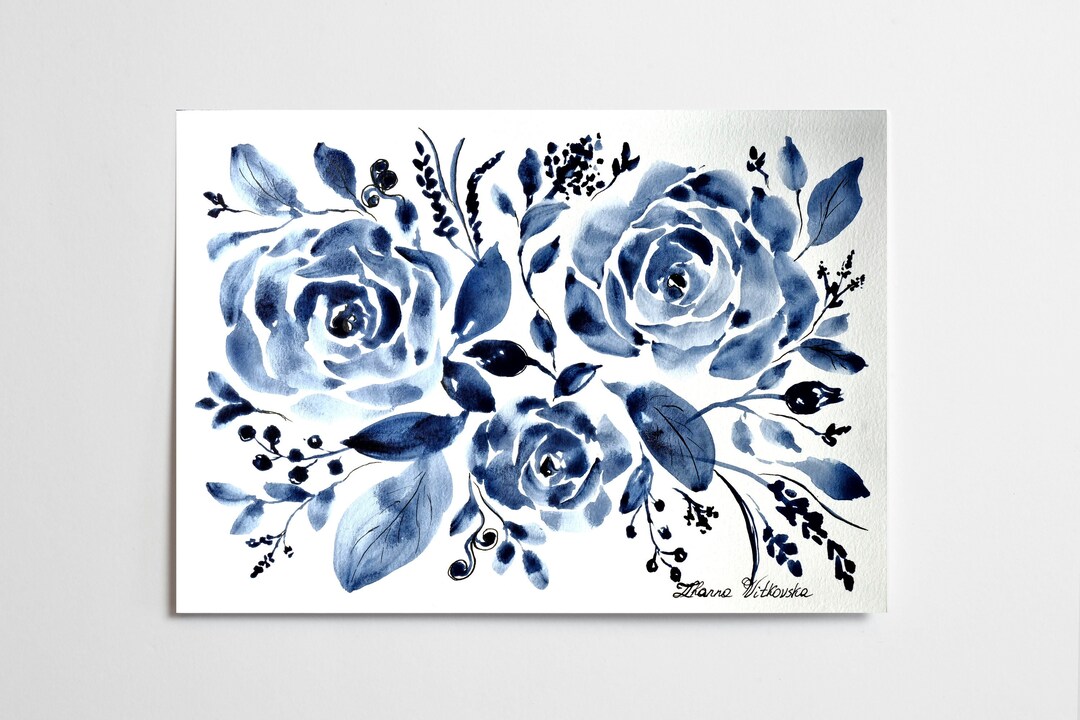Blue Rose Painting Original Art Watercolor Rose Artwork Flower ...