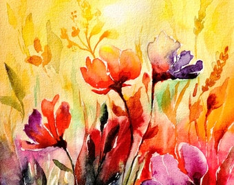 Flower Meadow Painting Original Art Wildflower Watercolor Sunset Artwork Floral Field Painting Flowers Landscape by Zhanna Vitkovska