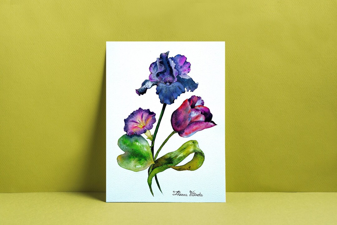Iris Painting Original Art Tulip Artwork Morning Glory Etsy