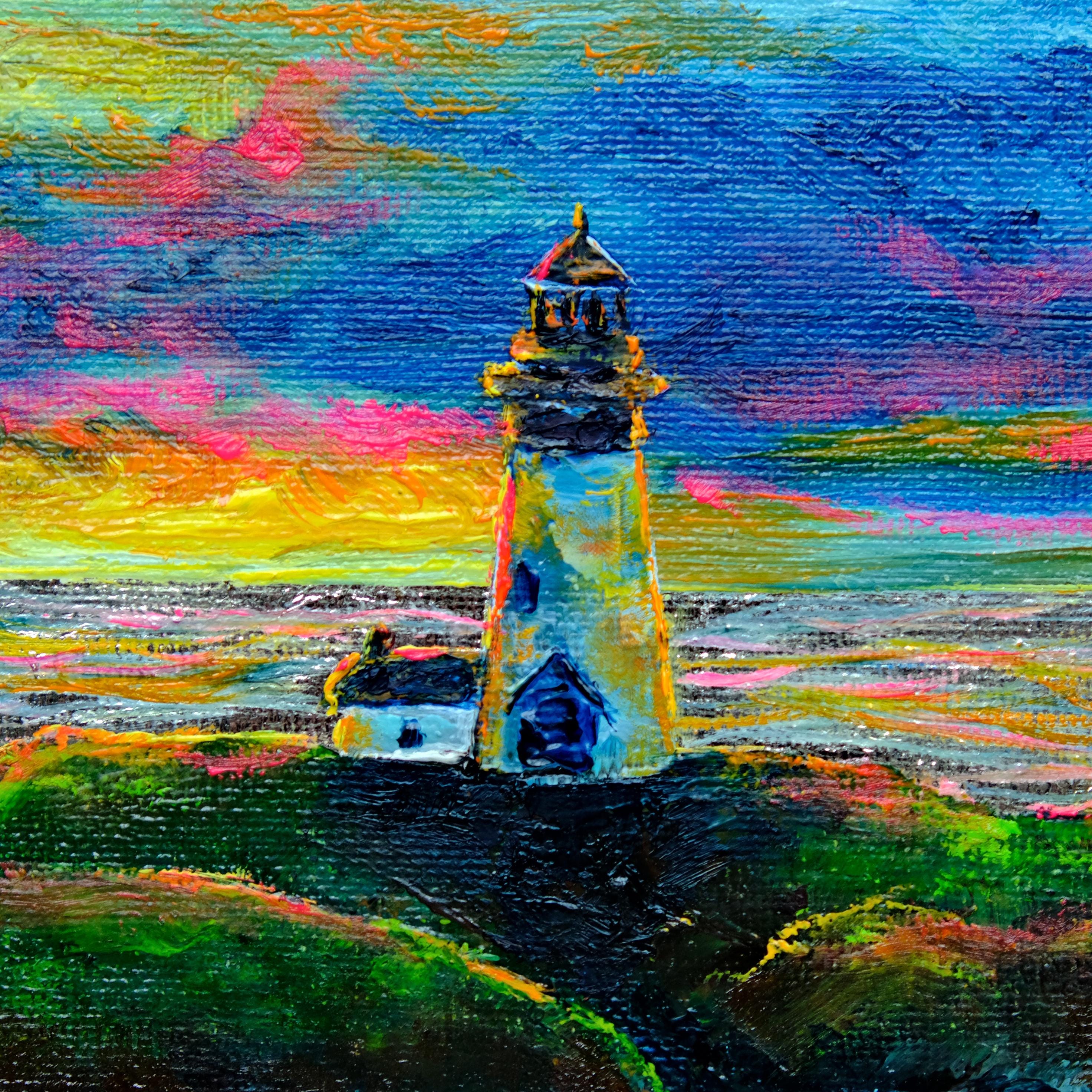 絵画　海　灯台 灯台のある海の風景（船上油）