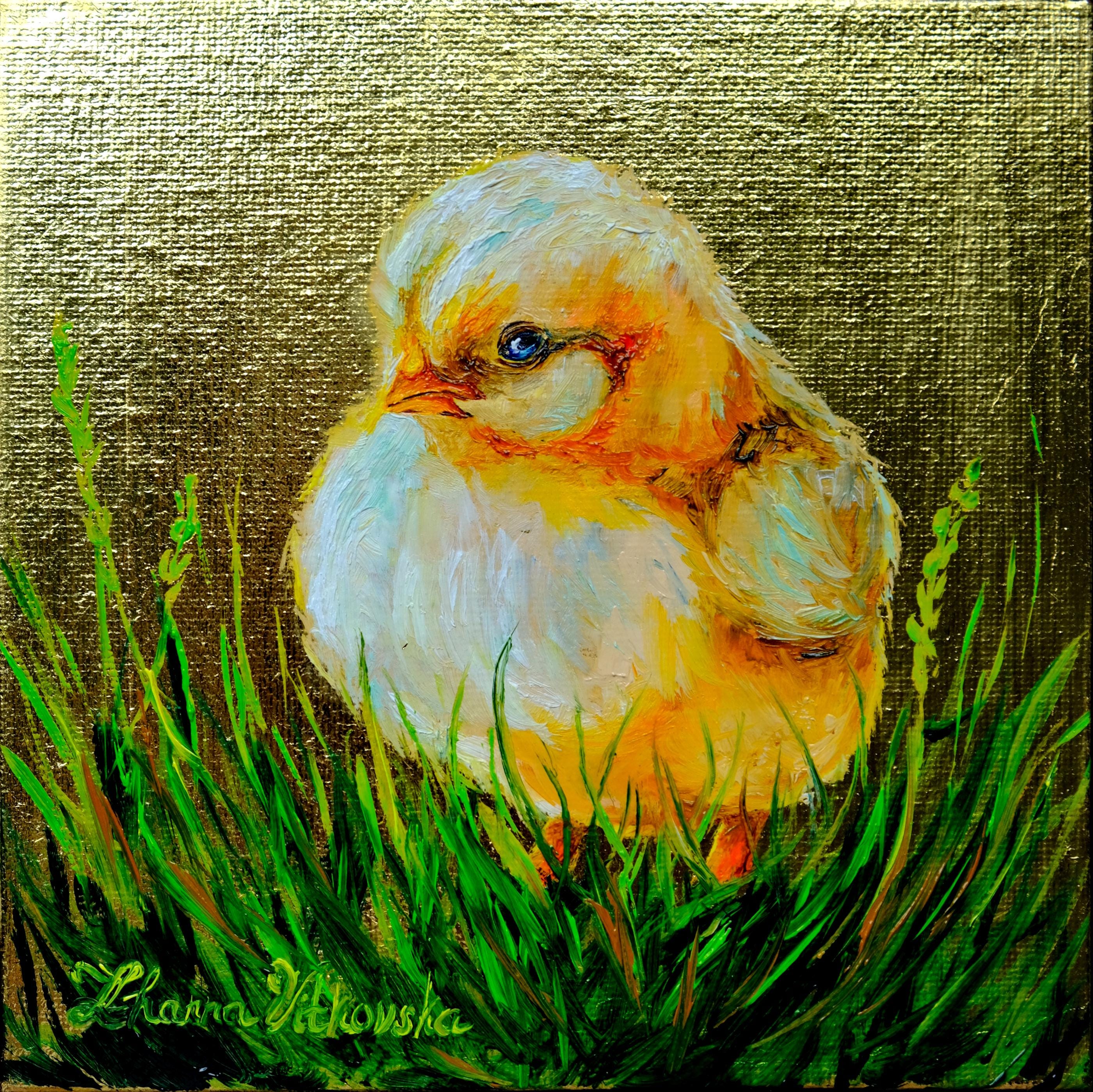 Un petit chaton　【油絵】 Chick Painting Original Art Animal Oil Painting Bird Artwork Gold