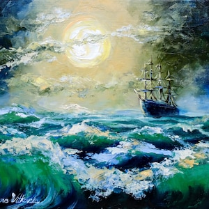 夜の海の油絵：アレクサンダー・シェンデロフによるキャンバスに
