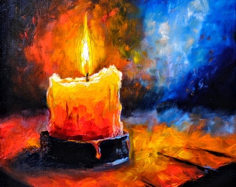 Candle Painting Original Art Fire Painting Oil Artwork Still Life Painting Candle Art Moody Dark Academia Painting 8" by Zhanna Vitkovska