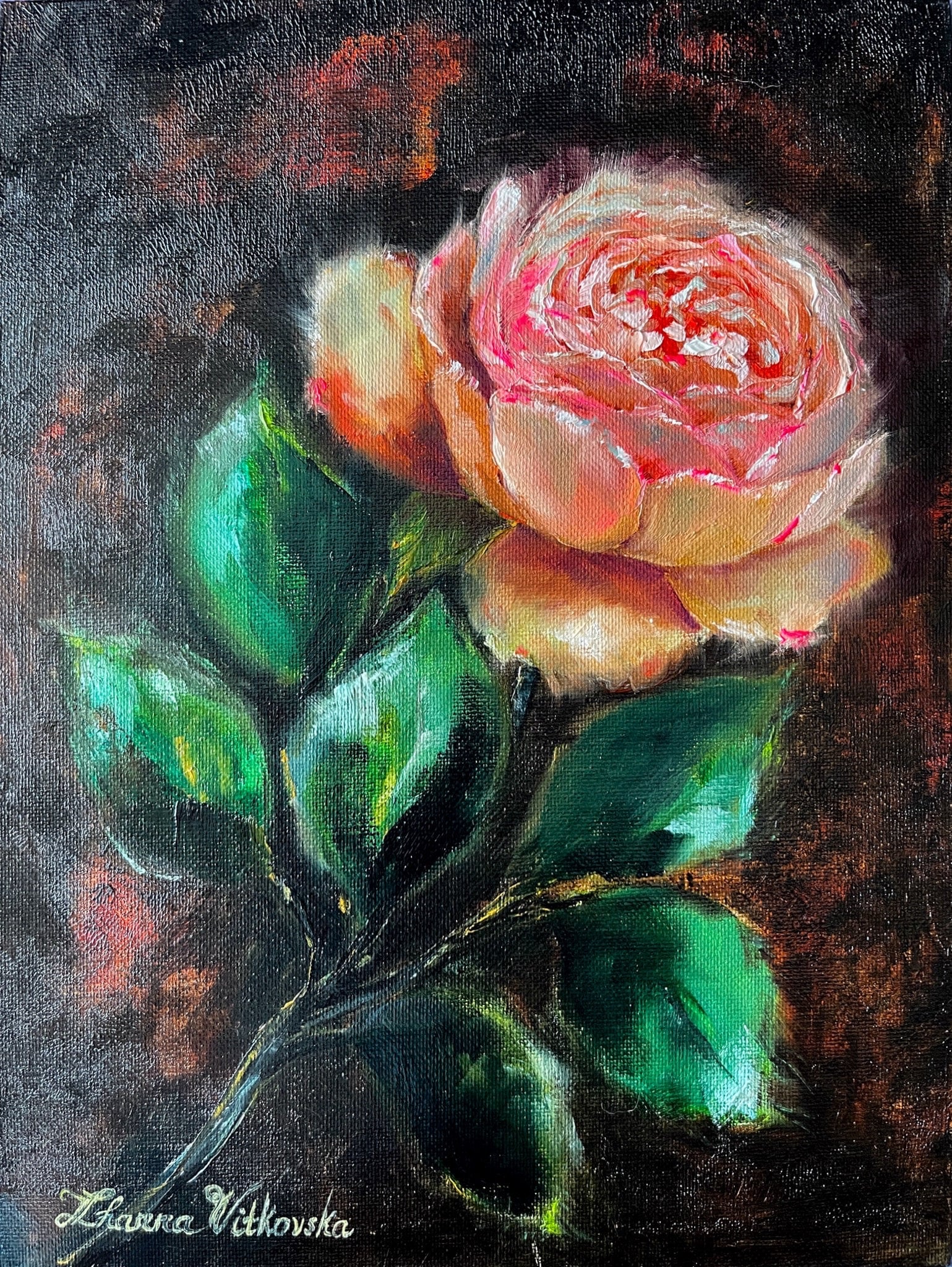 バラの絵画オリジナルアート ピンクのバラの油絵 オリジナルアート