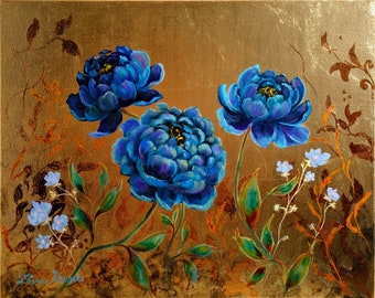 Peony Painting Original Art Blue Peony Artwork Wildflower Art Flower Painting Gold Leaf Original Painting 16" by 20" by Zhanna Vitkovska