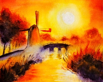 Windmill Painting Original Art Sunset Painting Watercolor Artwork Bridge Painting Holland Landscape Painting Sunrise Art by Zhanna Vitkovska