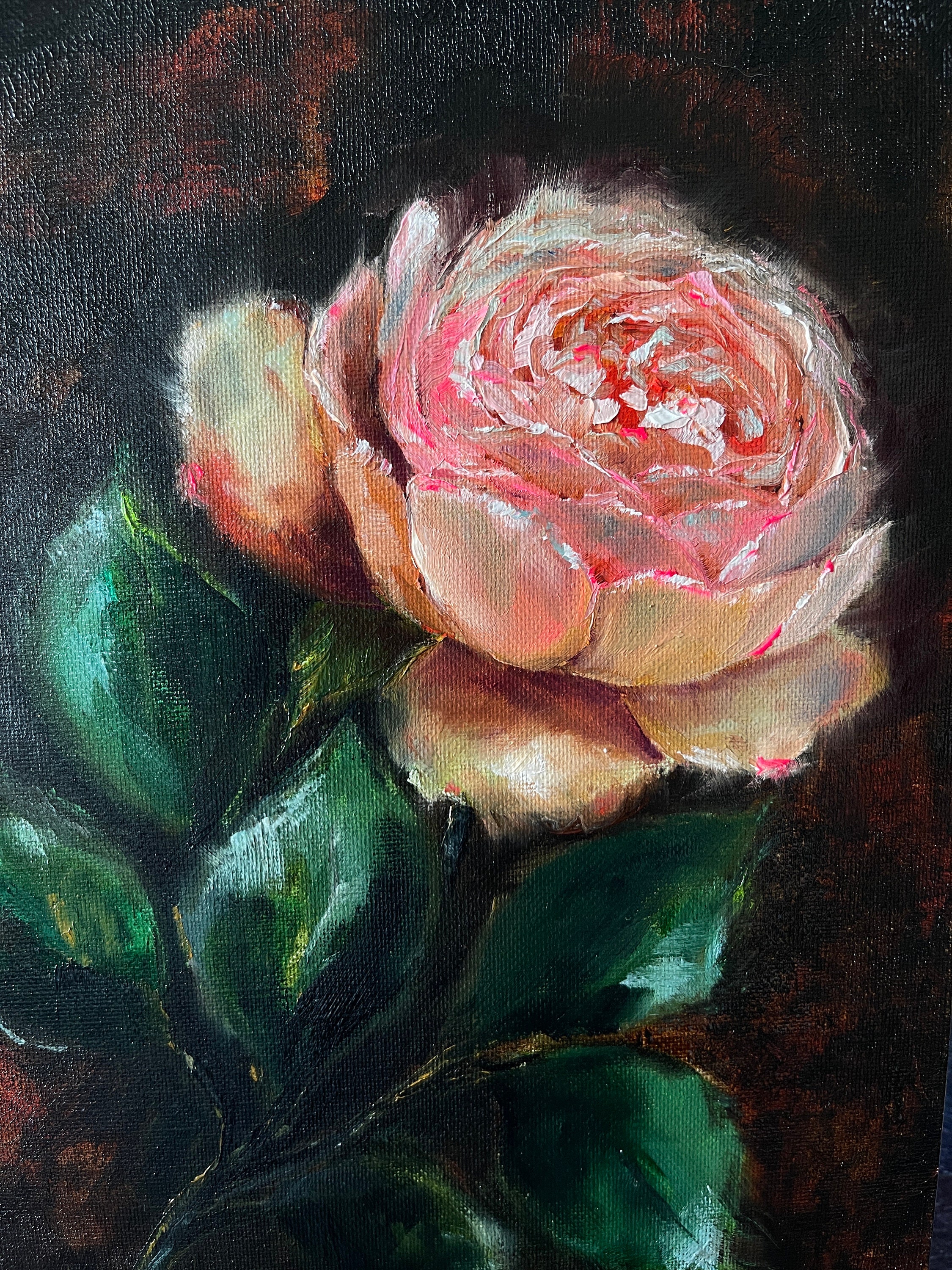 バラの絵画オリジナルアート ピンクのバラの油絵 オリジナルアート