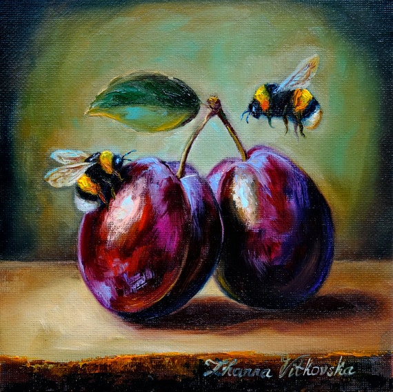 Plum Bumblebee Painting ORIGINAL Art READY to SHIP Fruit Still