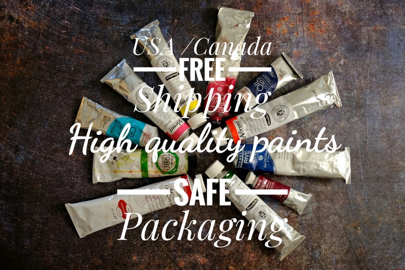 May include: A variety of tubes of oil paints arranged in a circle on a dark brown surface. The text "USA/Canada FREE Shipping High quality paints SAFE Packaging" is written in white letters on a red background.