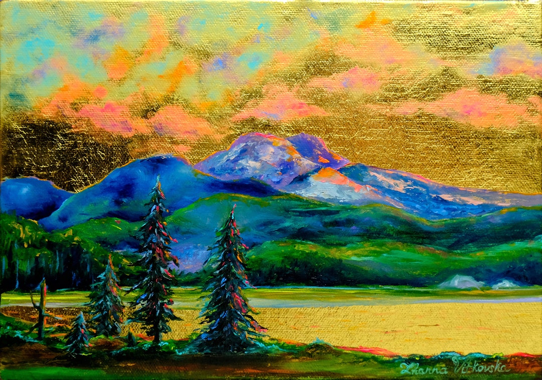 Oregon Painting Original Art Sunrise Painting Mountain Landscape Artwork Gold Leaf Wall Art