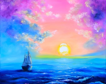 Ship Painting Original Art Pink Sunrise Painting Seascape Artwork Ocean Sunset Oil Painting Original Painting 20" by 20" by Zhanna Vitkovska