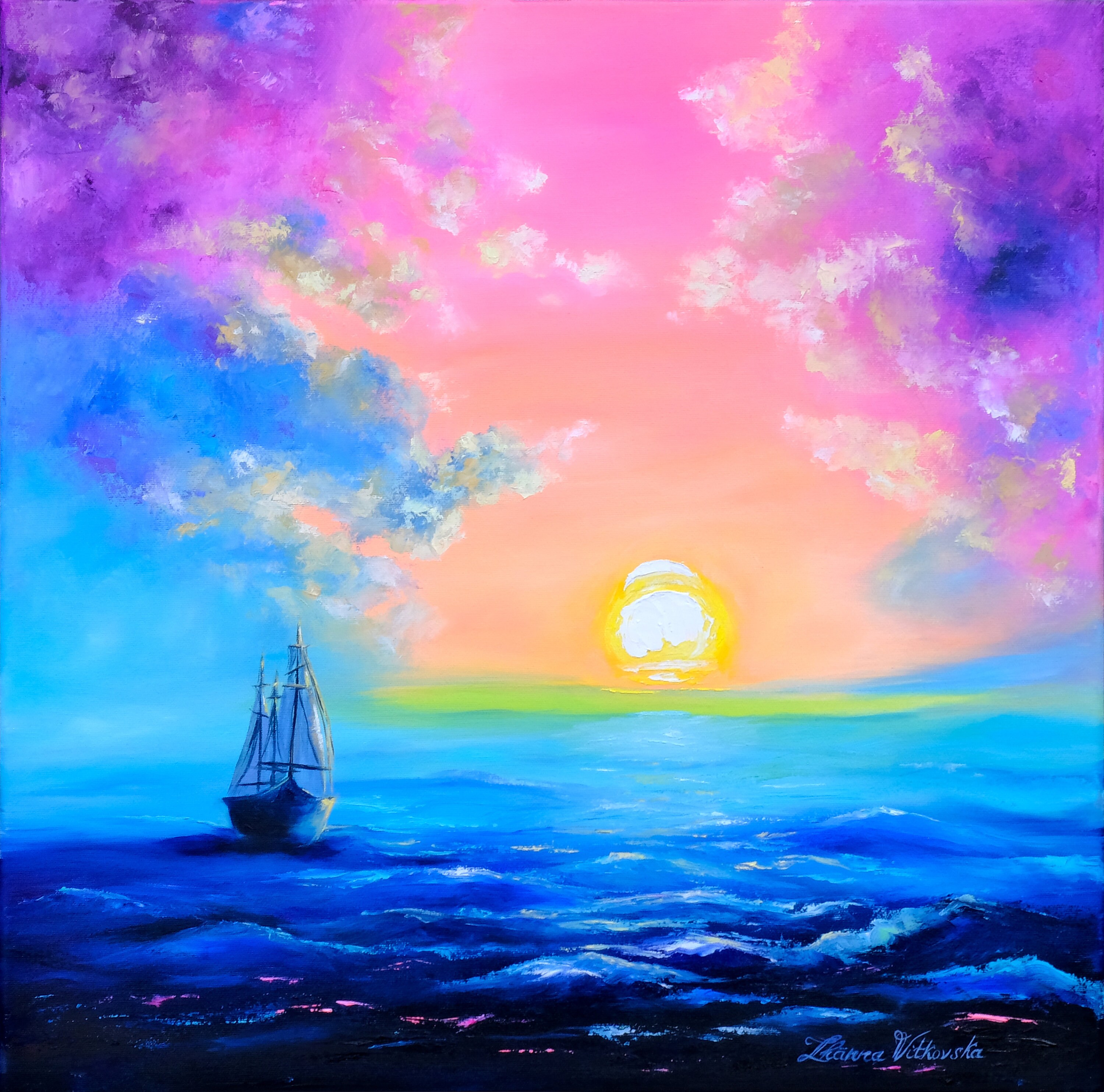 Ship Painting Original Art Pink Sunrise Seascape Artwork Ocean