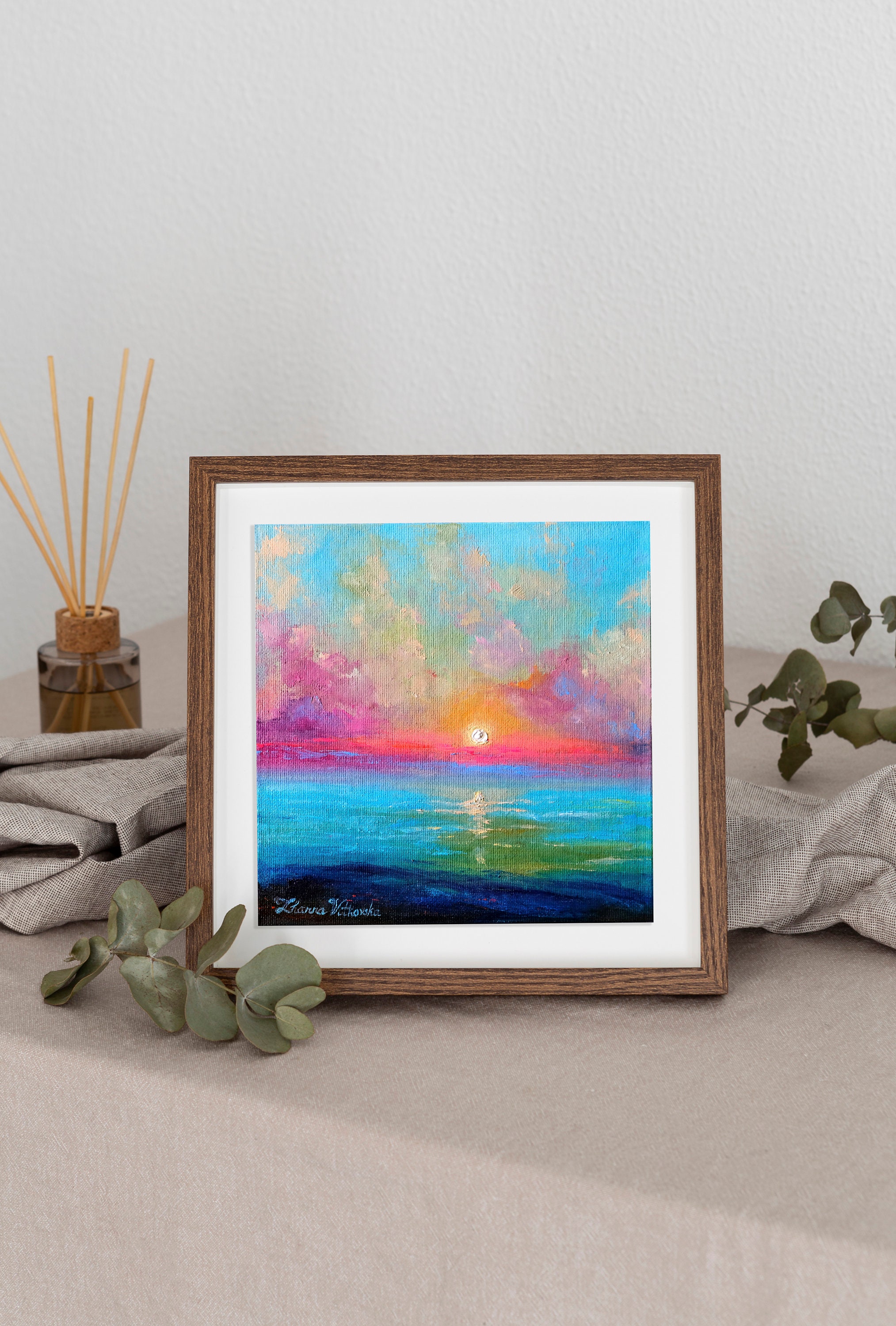 油彩画　8号　Love and peace Pink Sunrise Painting Original Painting 8
