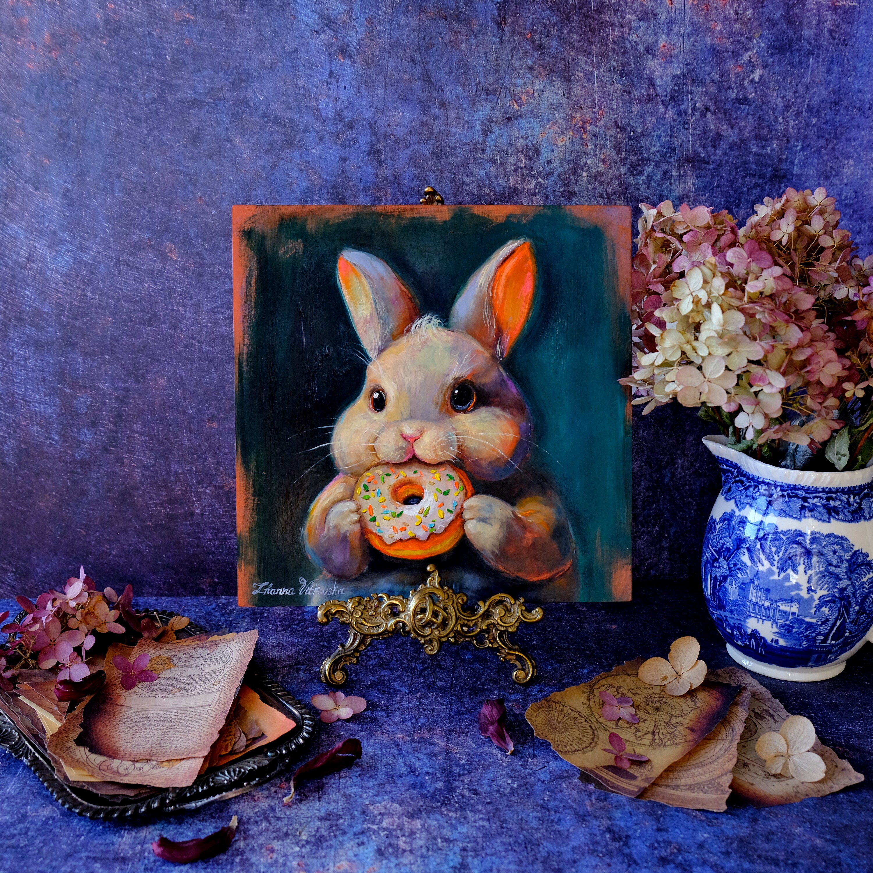 Rabbit Painting Original Art Donut Artwork Oil Painting