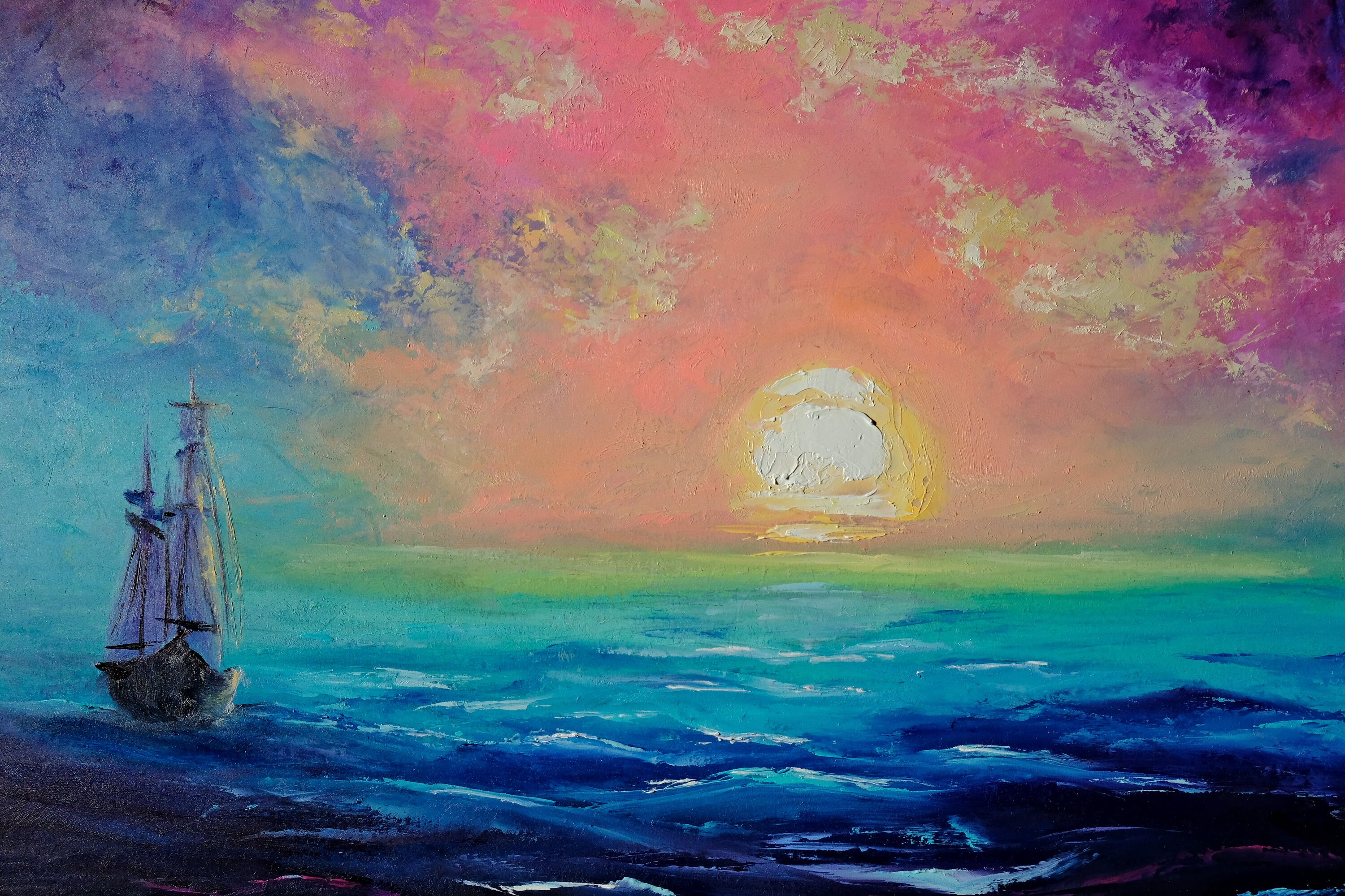 Ship Painting Original Painting Pink Sunrise Painting Seascape Artwork ...