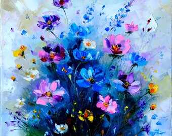 絵画 Flower. Wildflower Oil Painting Floral Impasto Meadow Art, 12x12 Original