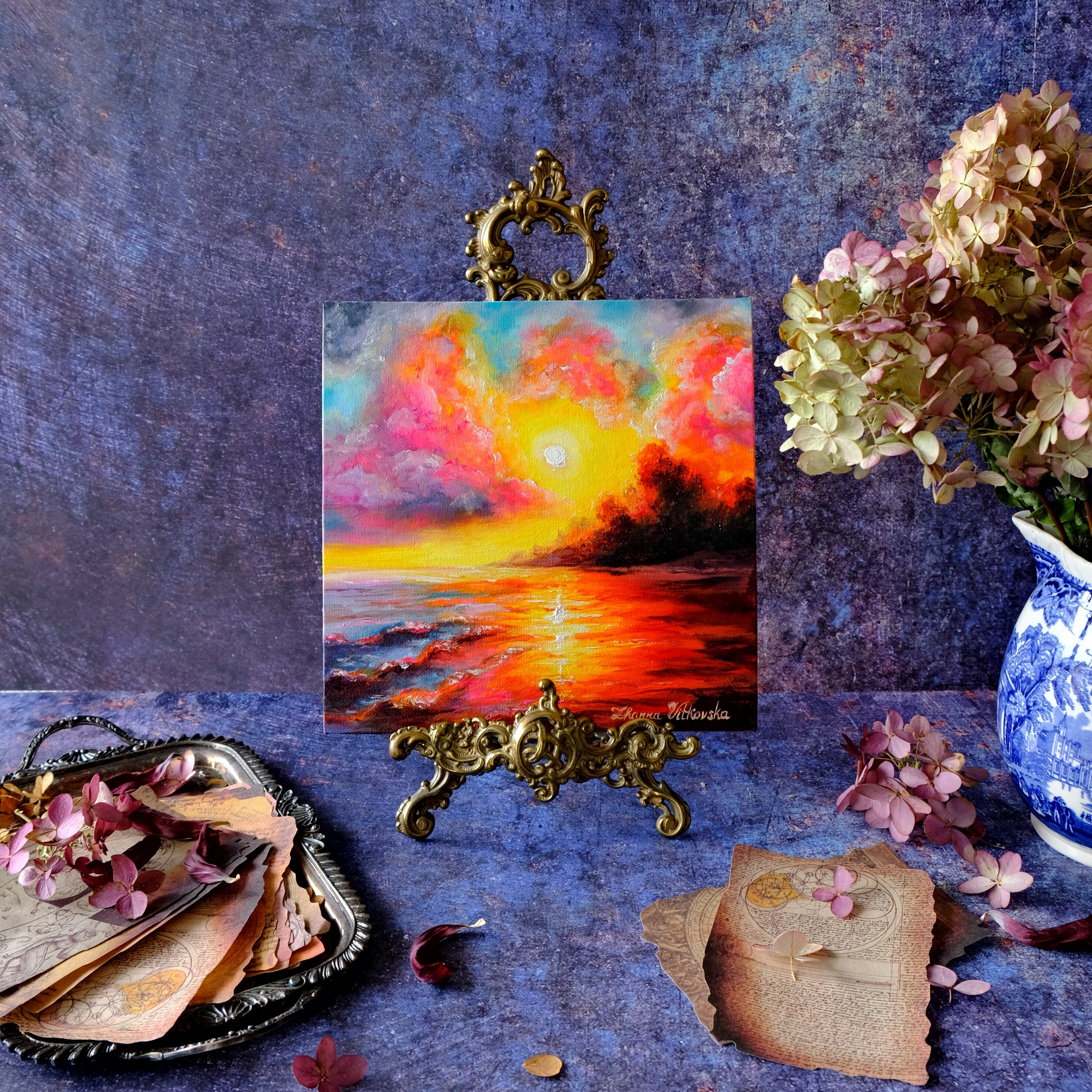 Flaming Sunset Original Oil Painting Seascape Artwork (8x8) by