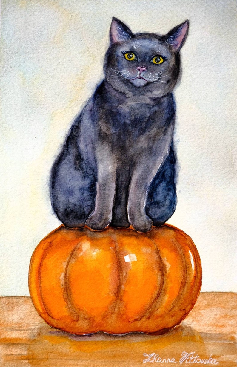 Halloween Greeting Card ORIGINAL Art Black Cat With Pumpkin ...