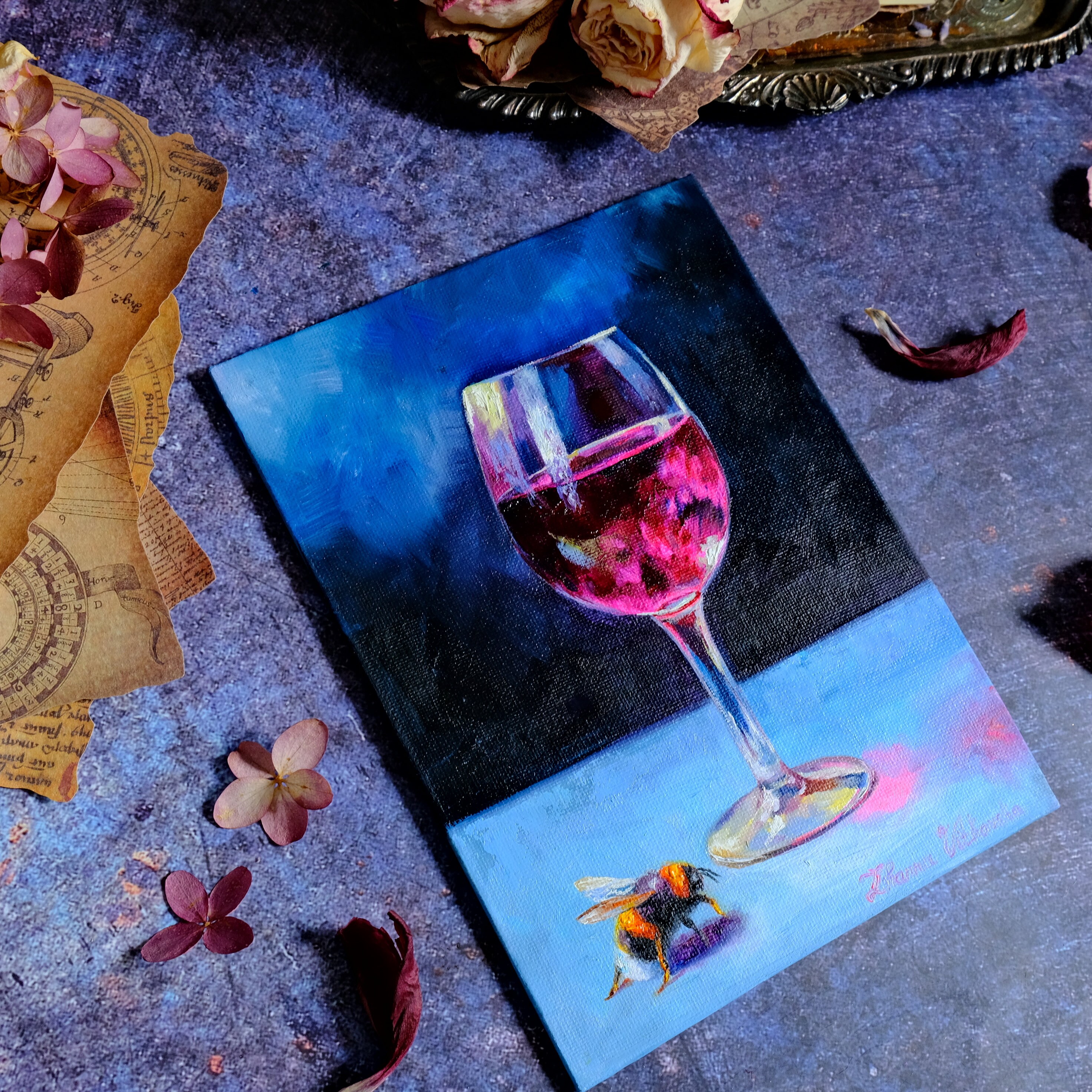 バンブルビーとワイングラスのオリジナル油絵 静物画 キッチンアート