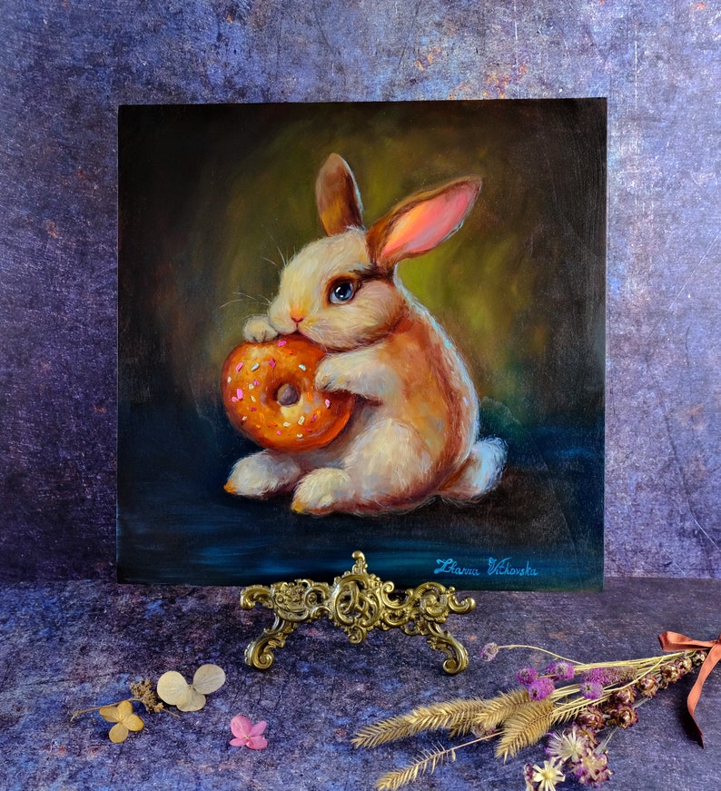 Rabbit Painting Original Art Donut Artwork Oil Painting Original Painting Animal Painting Nursery Wall Art 12 by 12 by Zhanna Vitkovska image 2