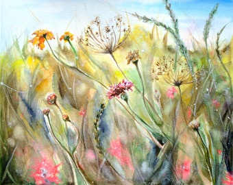 オリジナル水彩画「野の花」：草原の花のアート、8x6インチ - Etsy 日本