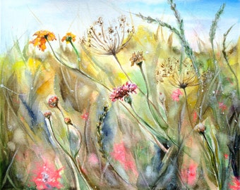 Flower Meadow Painting Original Art Watercolor Painting Wildflower Field Painting Floral Watercolor Art Floral  10”×12” by Zhanna Vitkovska