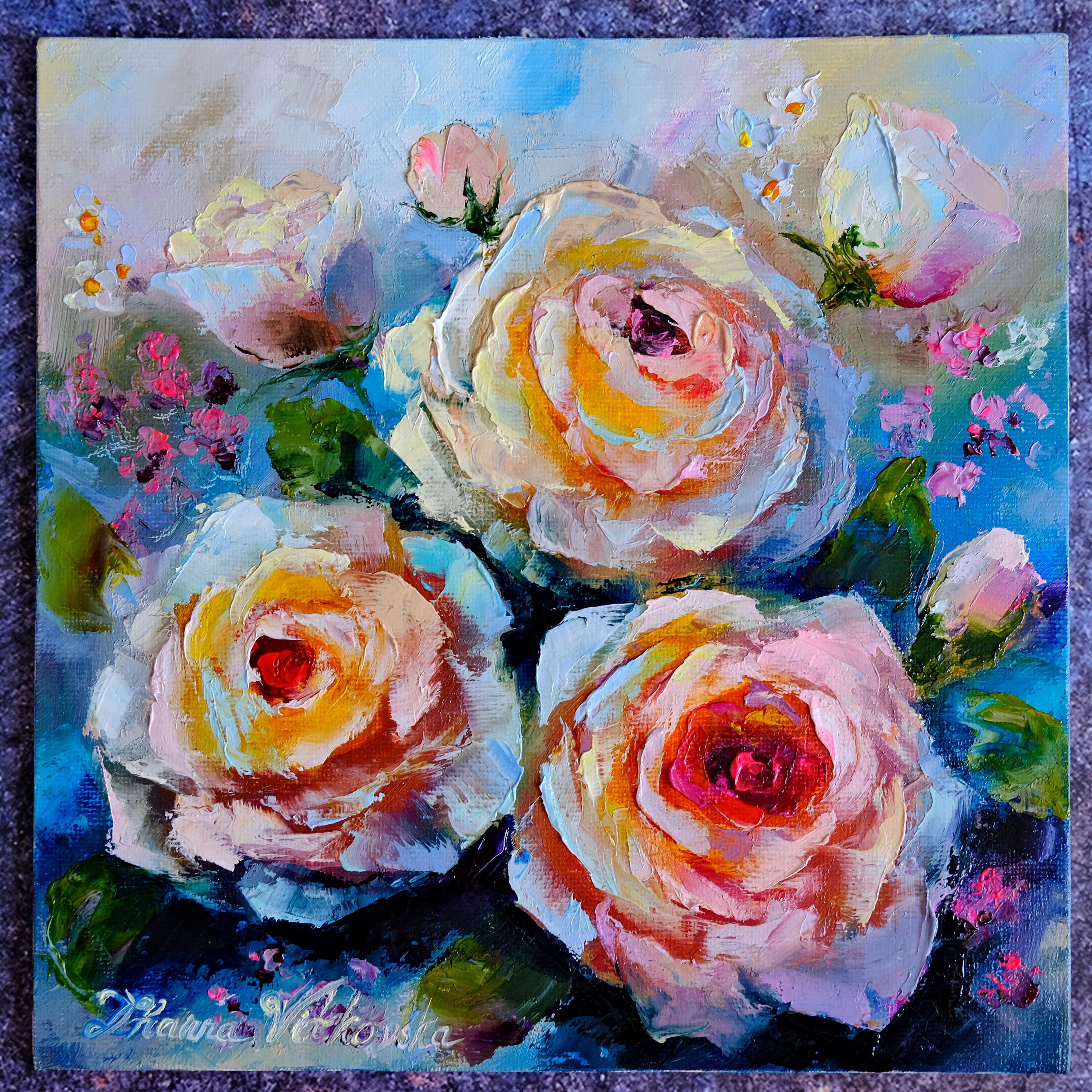 オリジナルのバラの油絵: 花のインパスト アート 8 インチ x 8 インチ