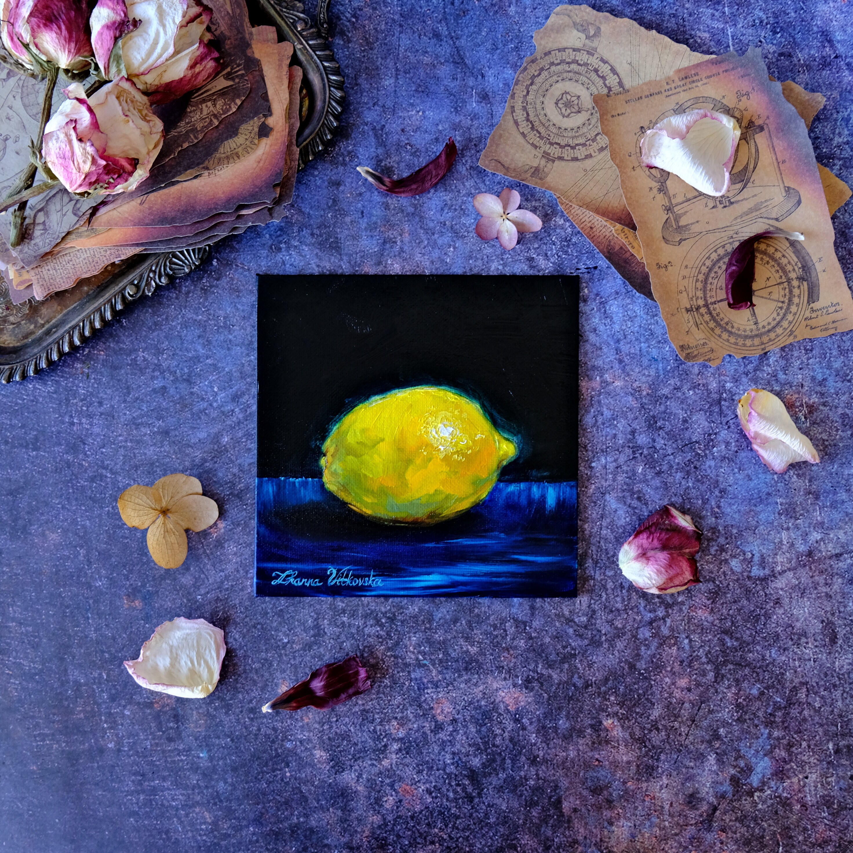 レモンのオリジナル絵画 静物画 油絵 フルーツアート キャンバス (6x6