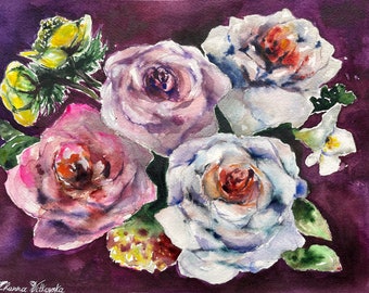 Rose Painting Original Art Watercolor Flower Painting Roses Painting Original Painting 9” by 12” by Zhanna Vitkovska