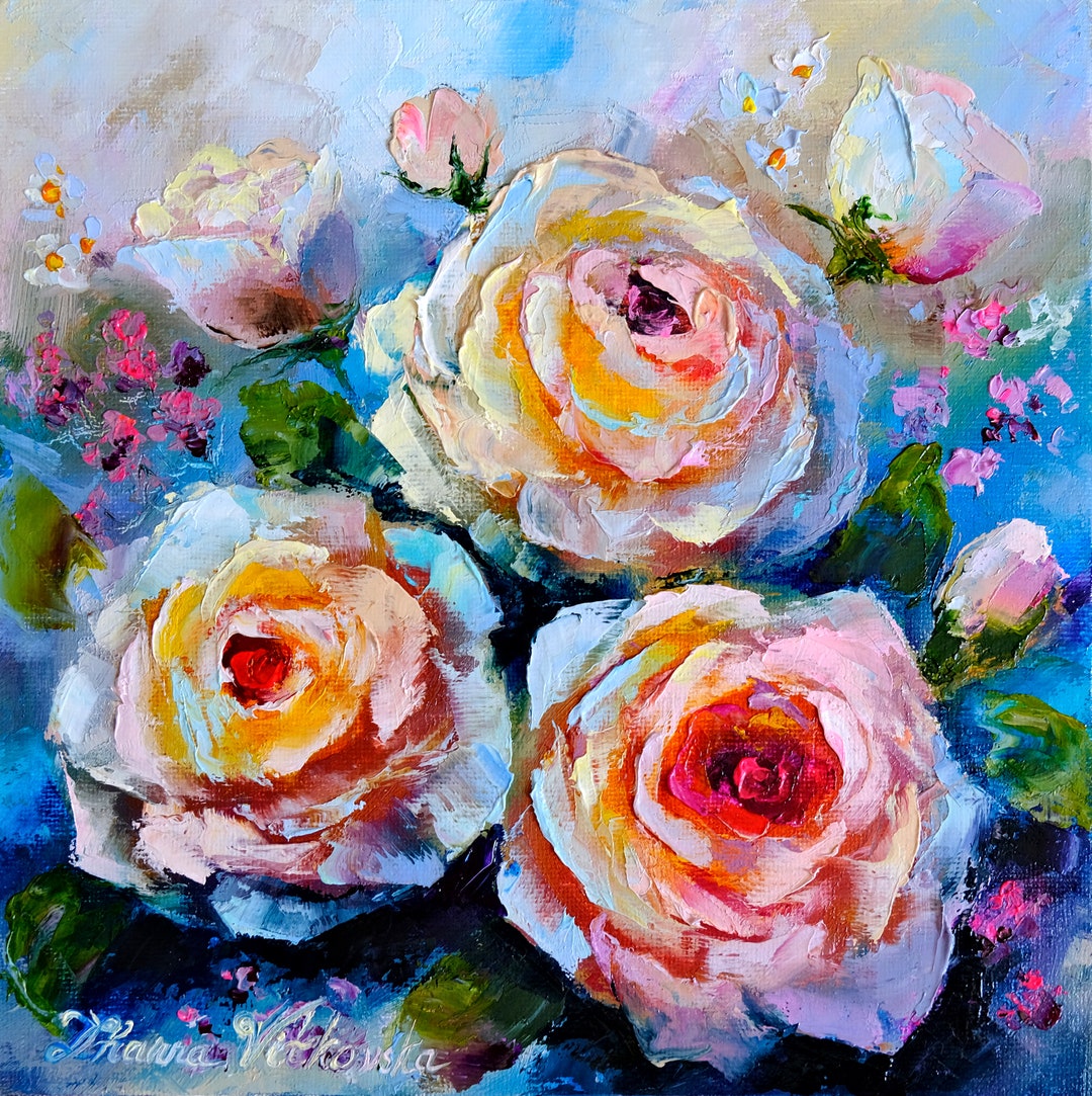 オリジナルのバラの油絵: 花のインパスト アート 8 インチ x 8 インチ