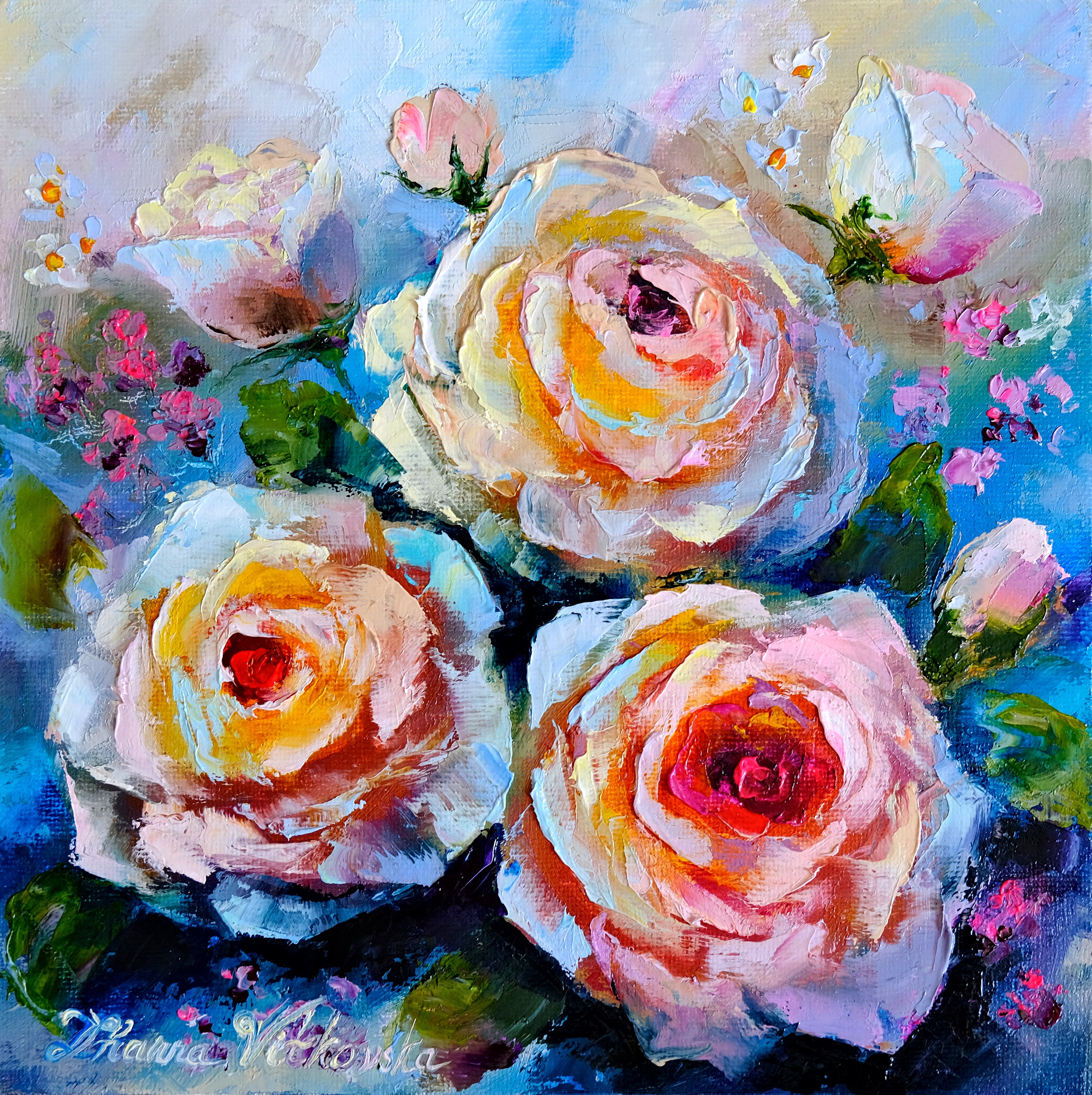 オリジナルのバラの油絵: 花のインパスト アート 8 インチ x 8 インチ