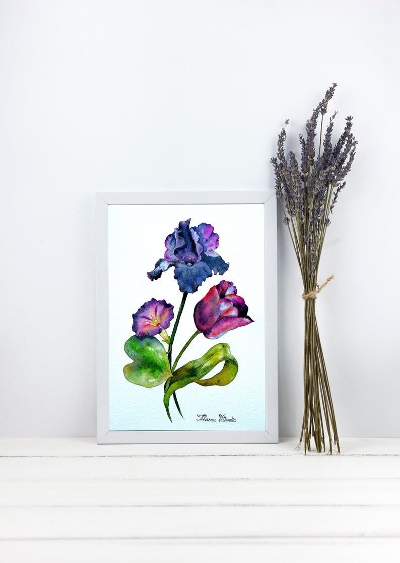 Iris Painting Original Art Tulip Artwork Morning Glory Etsy