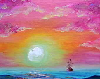 Sunrise Painting Original Art Ship Painting Seascape Artwork Ocean