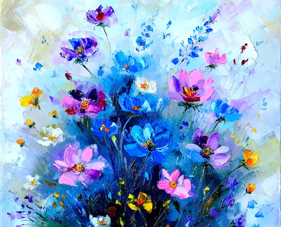 Wildflower Oil Painting Floral Impasto Meadow Art, 12x12 Original