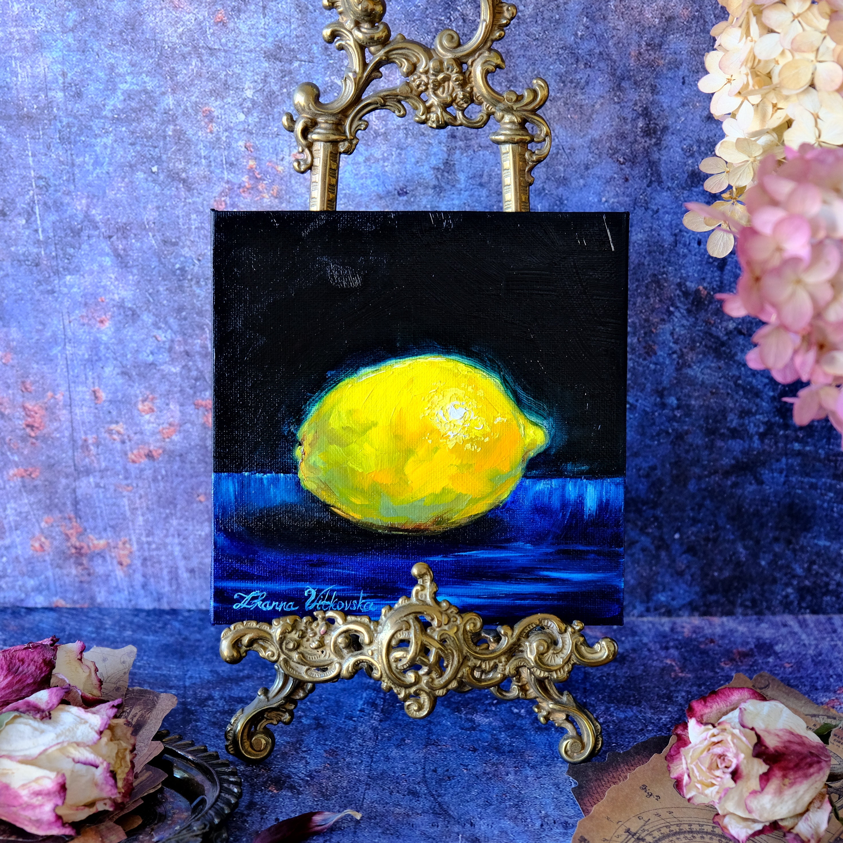 レモンのオリジナル絵画 静物画 油絵 フルーツアート キャンバス (6x6