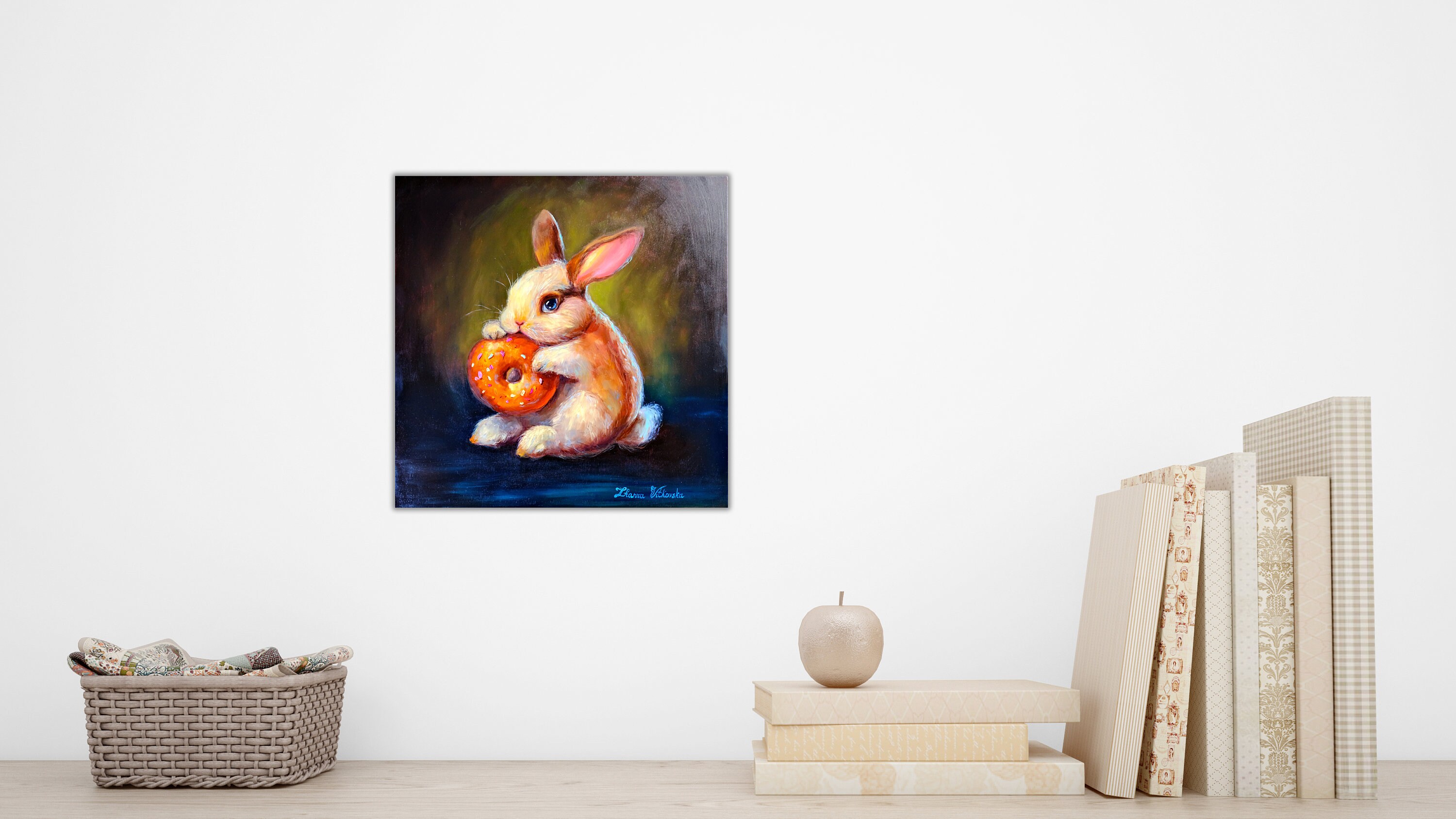 Bunny Painting Original Art Whimsical Rabbit Donut Artwork Oil