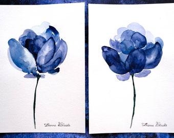 Peony Artwork Original Art Set Of 2 Watercolor Painting Indigo Blue Flower Wall Art Floral Navy-Blue Peony Watercolor by Zhanna Vitkovska