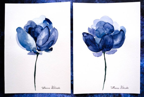 Peony Painting ORIGINAL ART Set Of 2 Watercolor Art Indigo Blue Flower Wall Art Floral Navy-Blue Peony Watercolor by Zhanna Vitkovska
