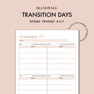 Planificador de visitas de días de transición para niños, PDF de cronograma familiar combinado, lista de custodia conjunta, planificador de cronograma de custodia