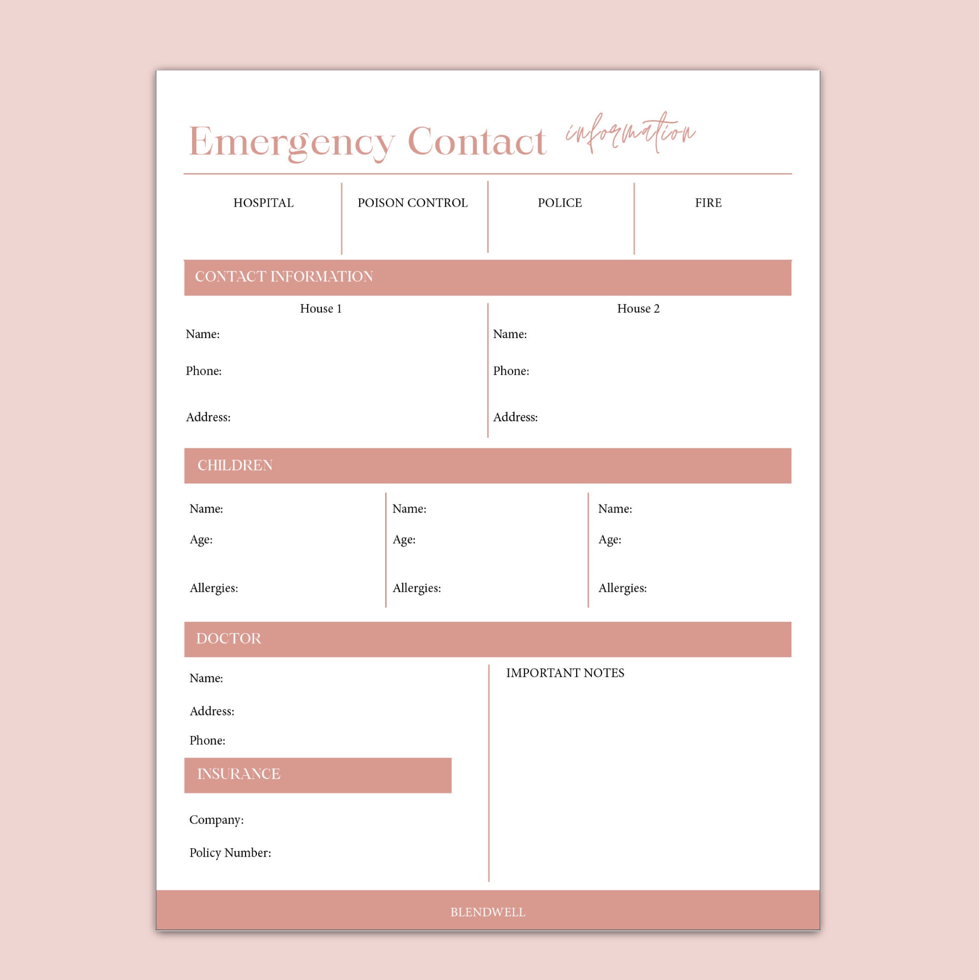 Emergency Contact Information Printable for Babysitters, Custody ...