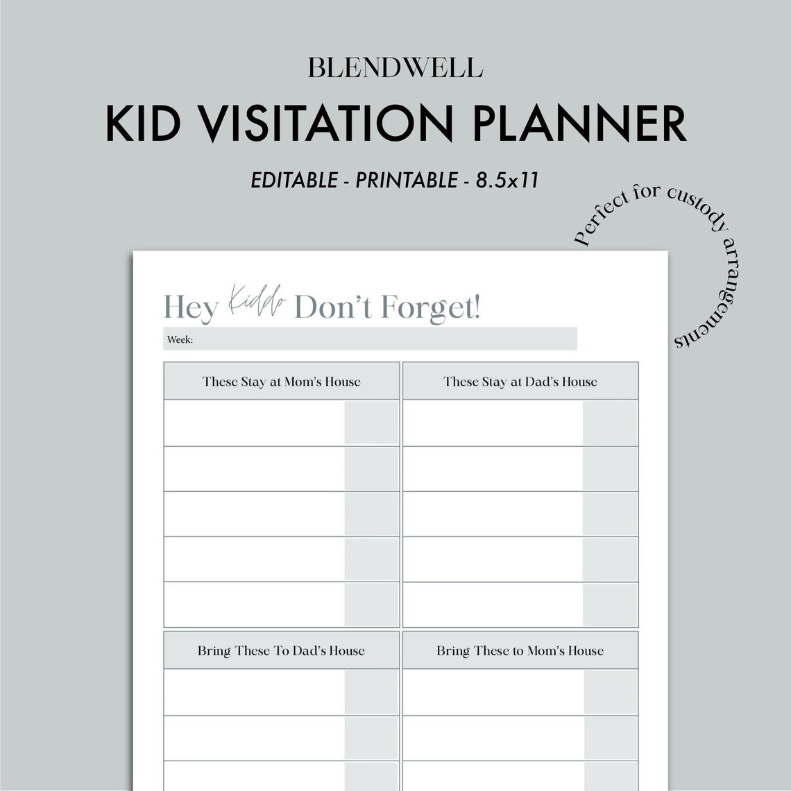 Visitation Planner for Kids, Kid Planner for Moms, Blended Family