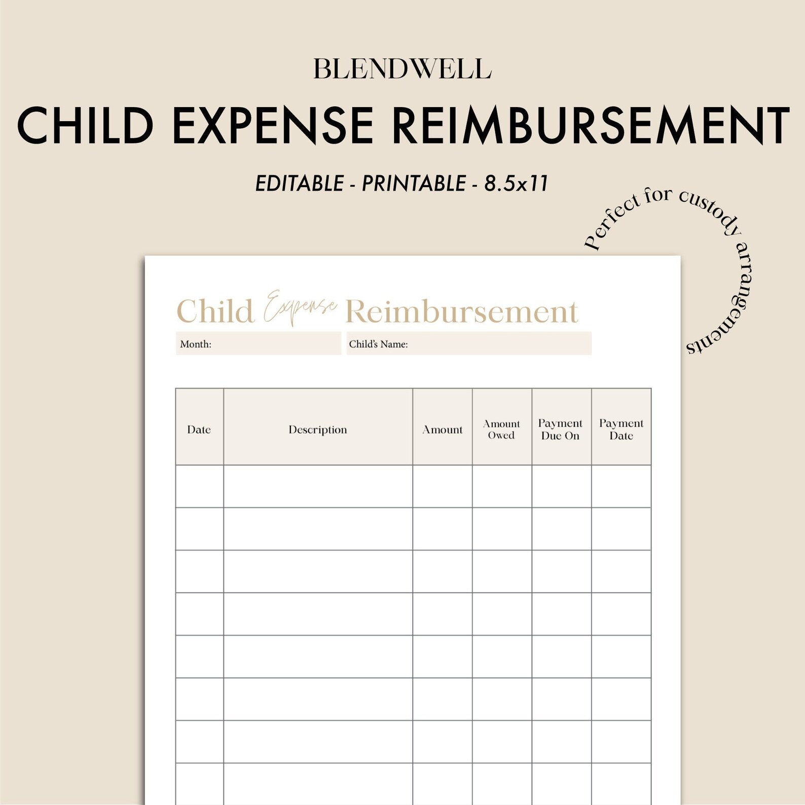 Child Expense Log Child Reimbursement Expense Log for Custody Etsy