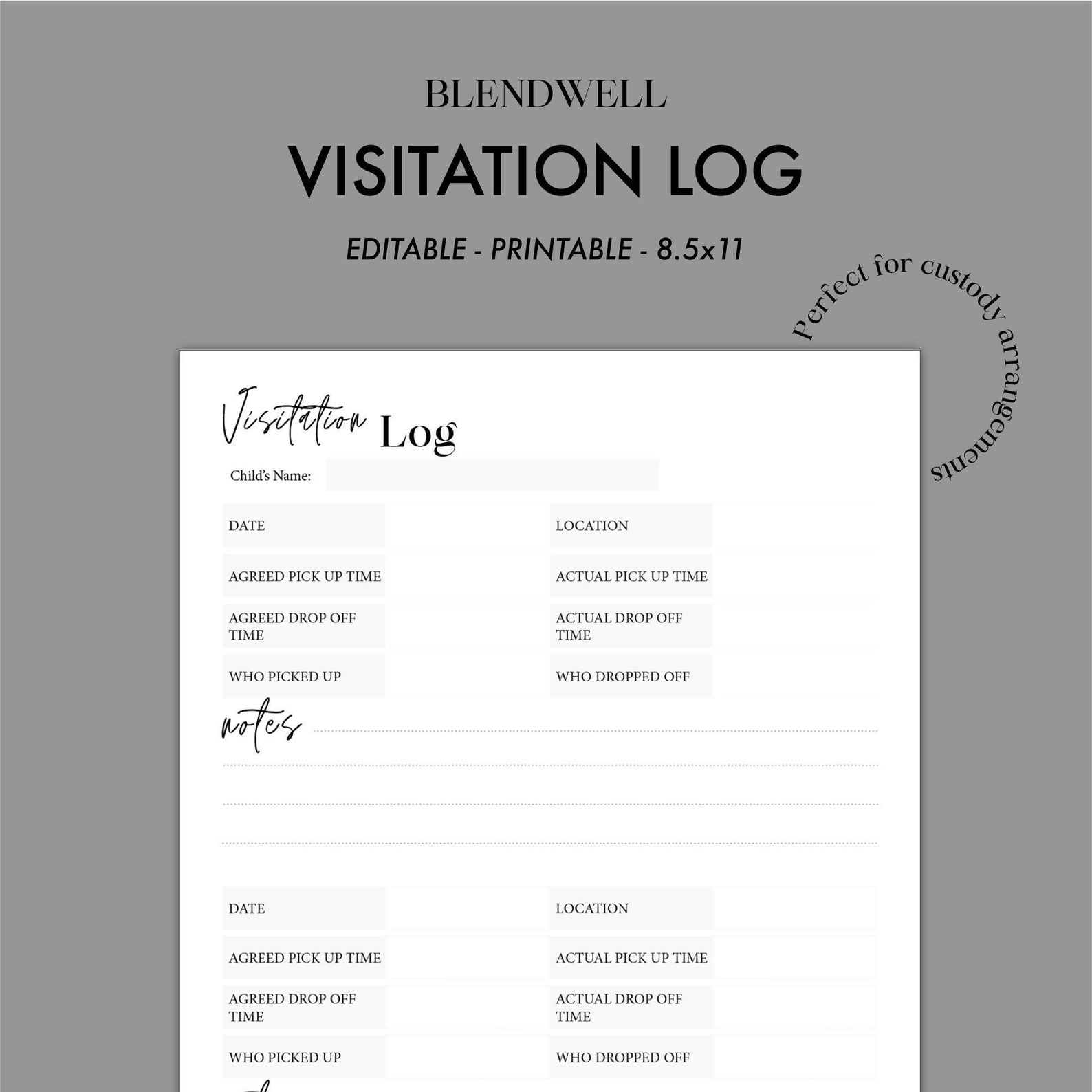 Visitation Log, Visitation Log for Custody Arrangements PDF, Custody ...