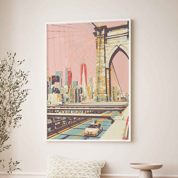 New York Wall Art, Retro NYC Poster, Vintage Brooklyn Bridge Print, New York City Dorm Decor, Cityscape, US Landmark art, gift for NYC lover