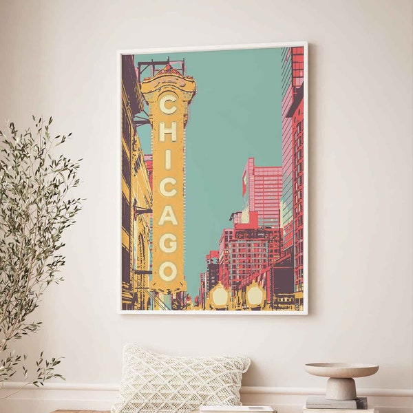 Retro Chicago Poster, Travel Art Print, Vintage Style Poster, Chicago Print, Retro Wall Art, Chicago Theatre, gift for vegan