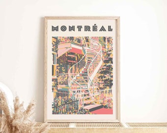 Affiche de Montréal, impression d'art de voyage, affiche de style vintage, impression de Montréal, affiche d'escalier, art mural rétro, cadeau pour végétalien, cadeau pour ami