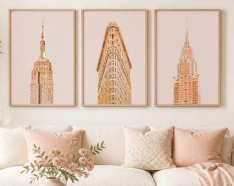 Set of 3 New York Prints – Pink NYC Wall Art, Empire State Chrysler Flatiron, Feminine Gallery Wall Set, Pastel Travel Posters