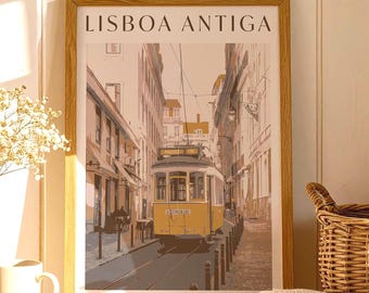 Vintage Lisbon Travel Poster: Yellow Tram Art Print, Portugal Wall Art