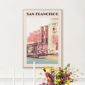 Poster di viaggio di San Francisco - Stampa di un tram d'epoca, stampa murale rosa, paesaggio urbano della California, stampa artistica retrò, arredamento di San Francisco, regalo per lei
