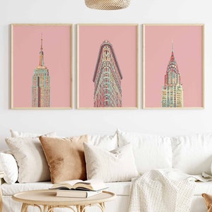 Láminas de Nueva York, conjunto de 3 láminas, arte mural grande, arte mural vintage, arte mural de 3 piezas, Empire State, impresión del Chrysler Building, Flatiron